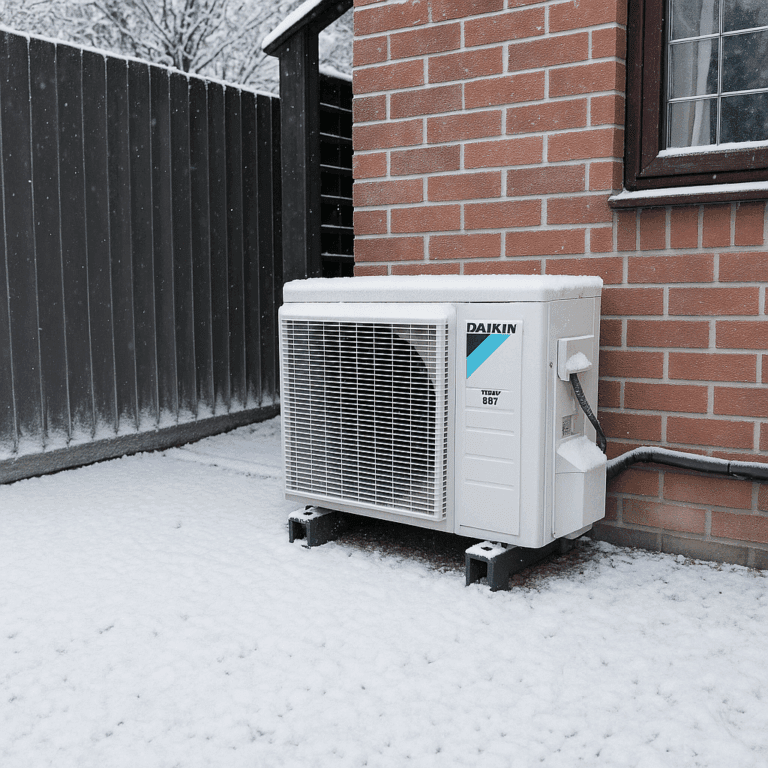 Air source heat pump working efficiently in a Norfolk winter garden